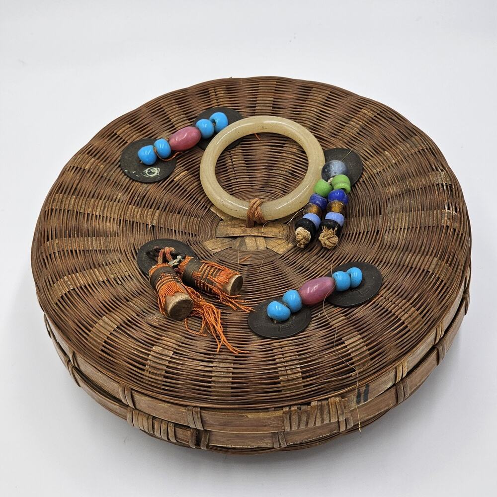 VTG 1950s Chinese Wicker Bamboo Sewing Basket w Colorful Beads Jadeite Tassels